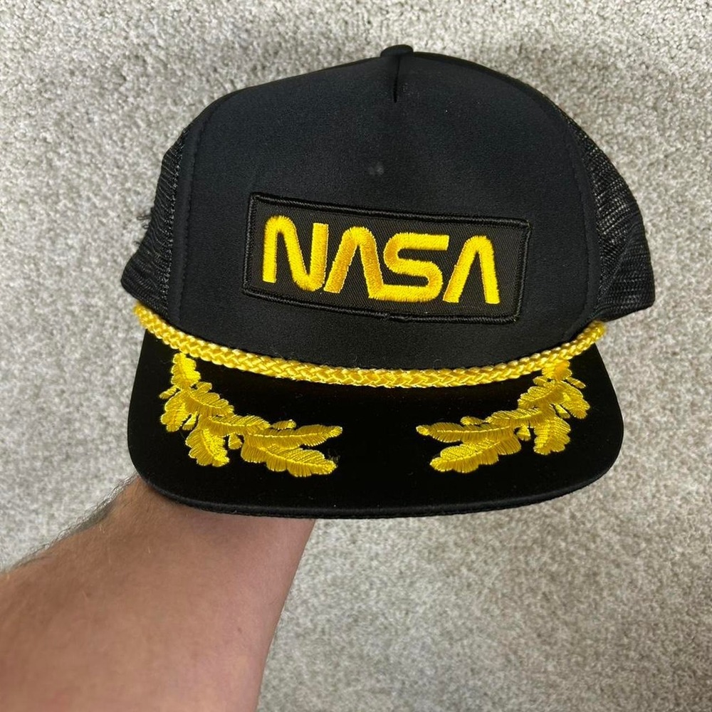 Vintage 80s NASA black and gold captain's roped trucker SnapBack hat cap